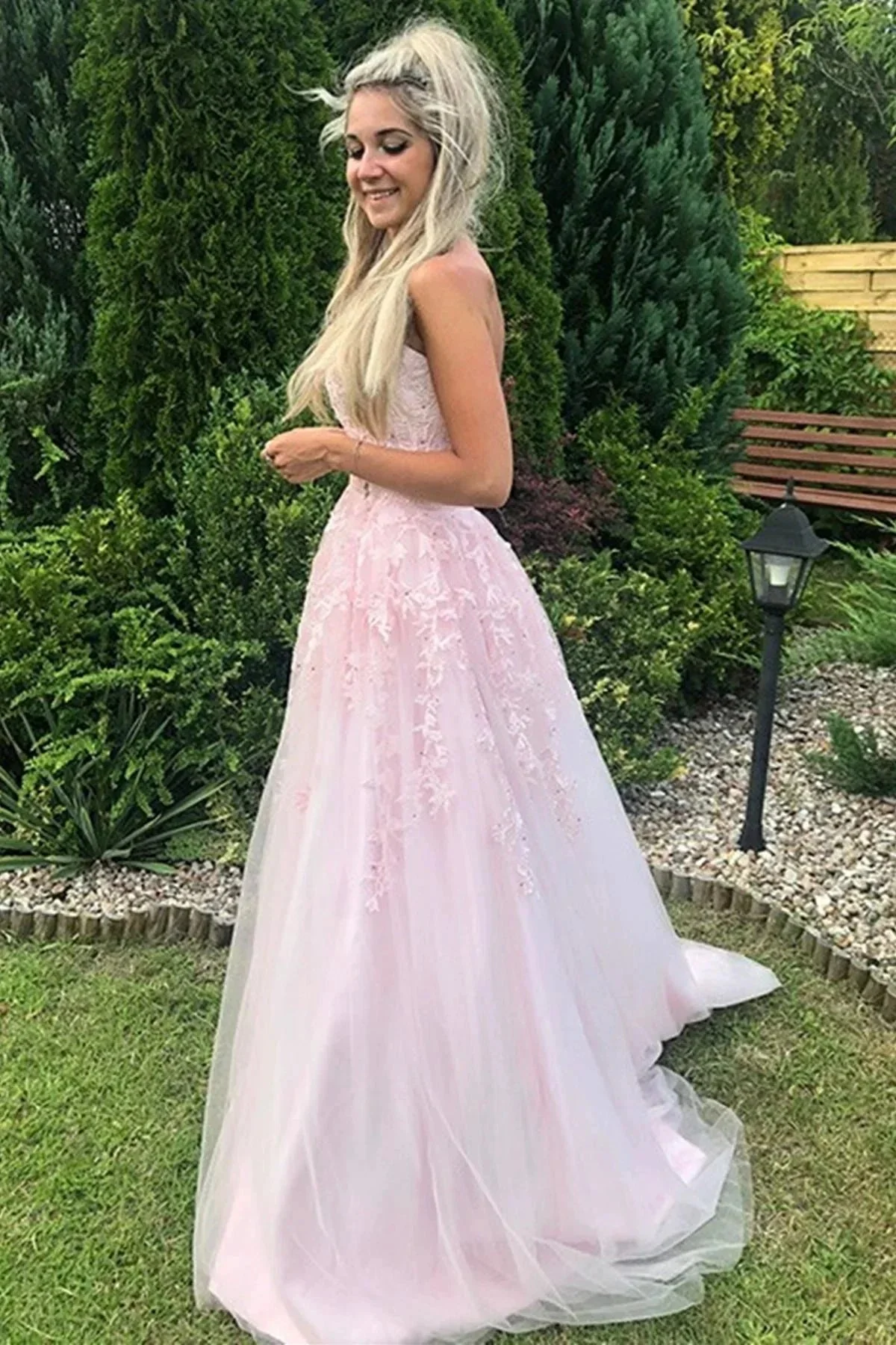 Long A-line Strapless Tulle Lace Prom Dress Pink Formal Graduation Evening Gowns - Image 3