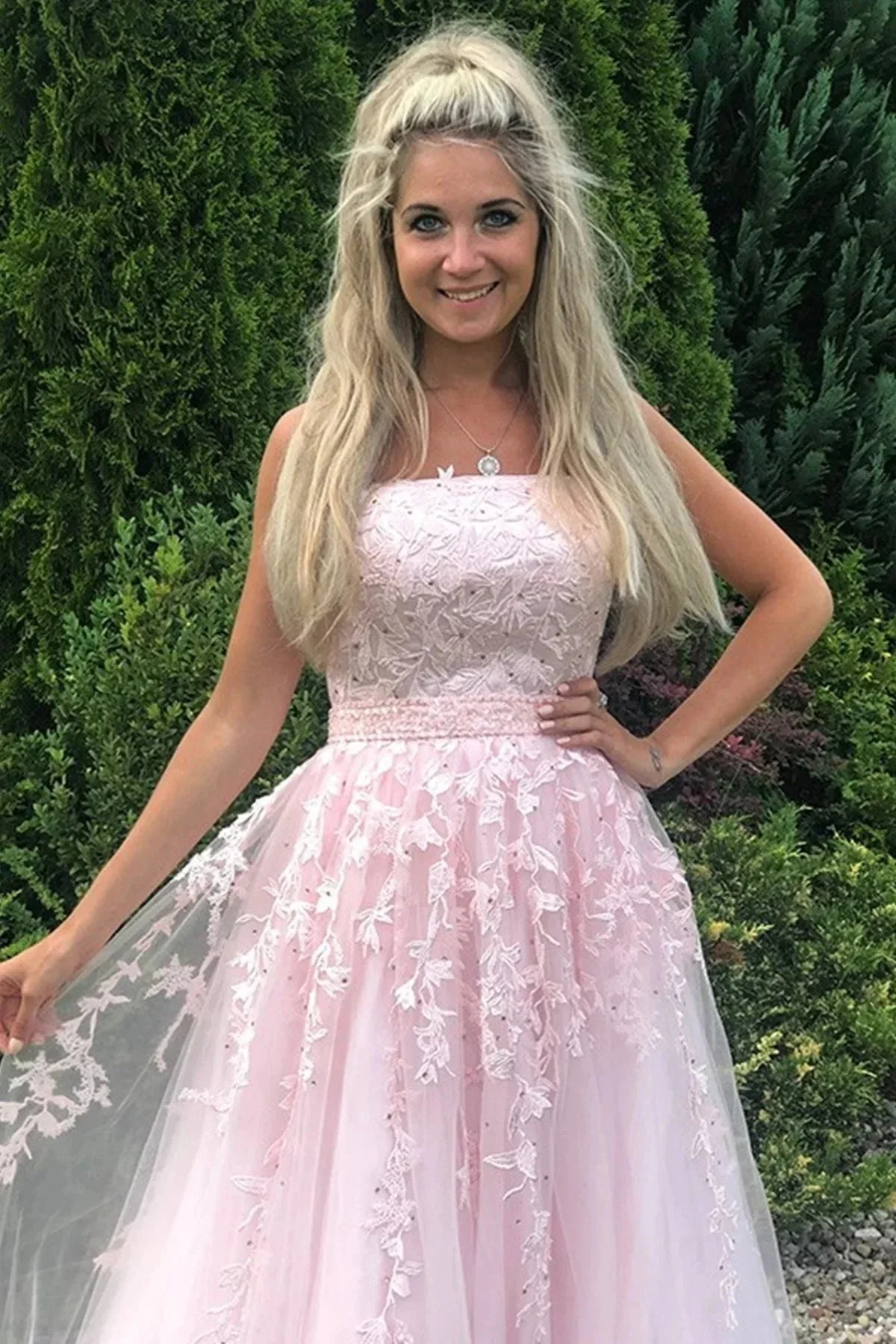 Long A-line Strapless Tulle Lace Prom Dress Pink Formal Graduation Evening Gowns - Image 4