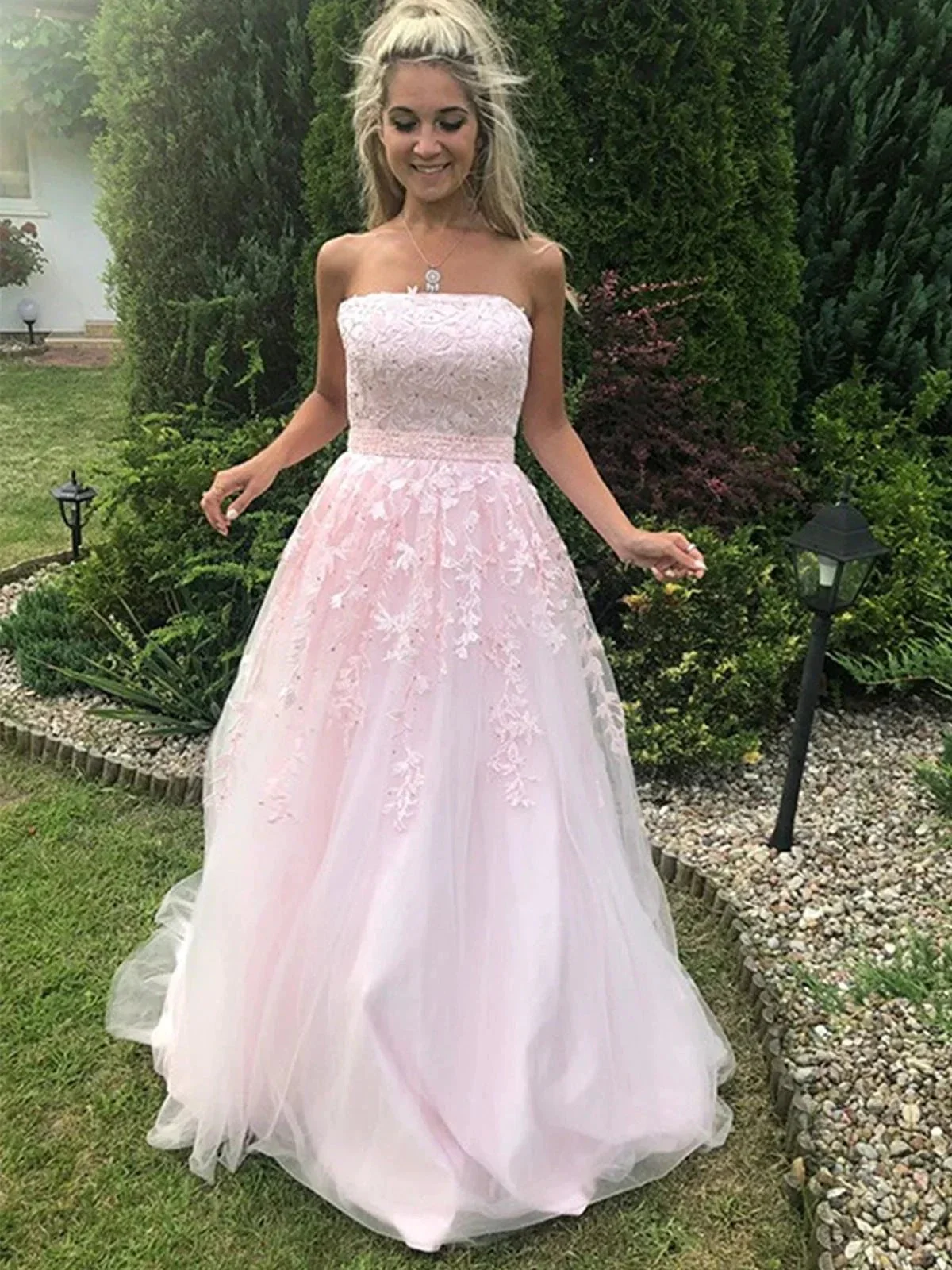 Long A-line Strapless Tulle Lace Prom Dress Pink Formal Graduation Evening Gowns - Image 5