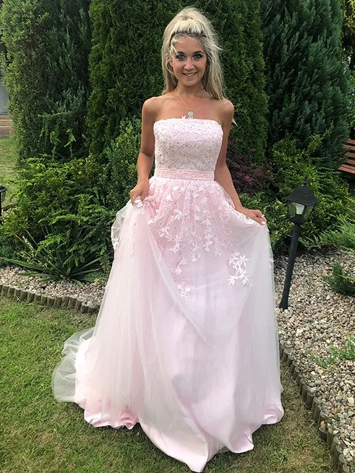 Long A-line Strapless Tulle Lace Prom Dress Pink Formal Graduation Evening Gowns - Image 6
