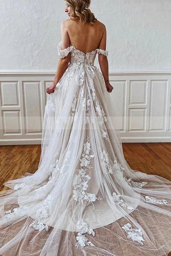 Long A-line Straps Sweetheart Appliques Lace Tulle Backless Wedding Dress - Image 2