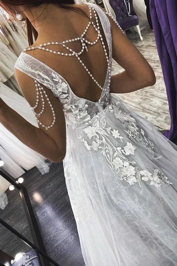 Long A-line Straps V-neck Appliques Pearls Backless Wedding Dress - Image 2