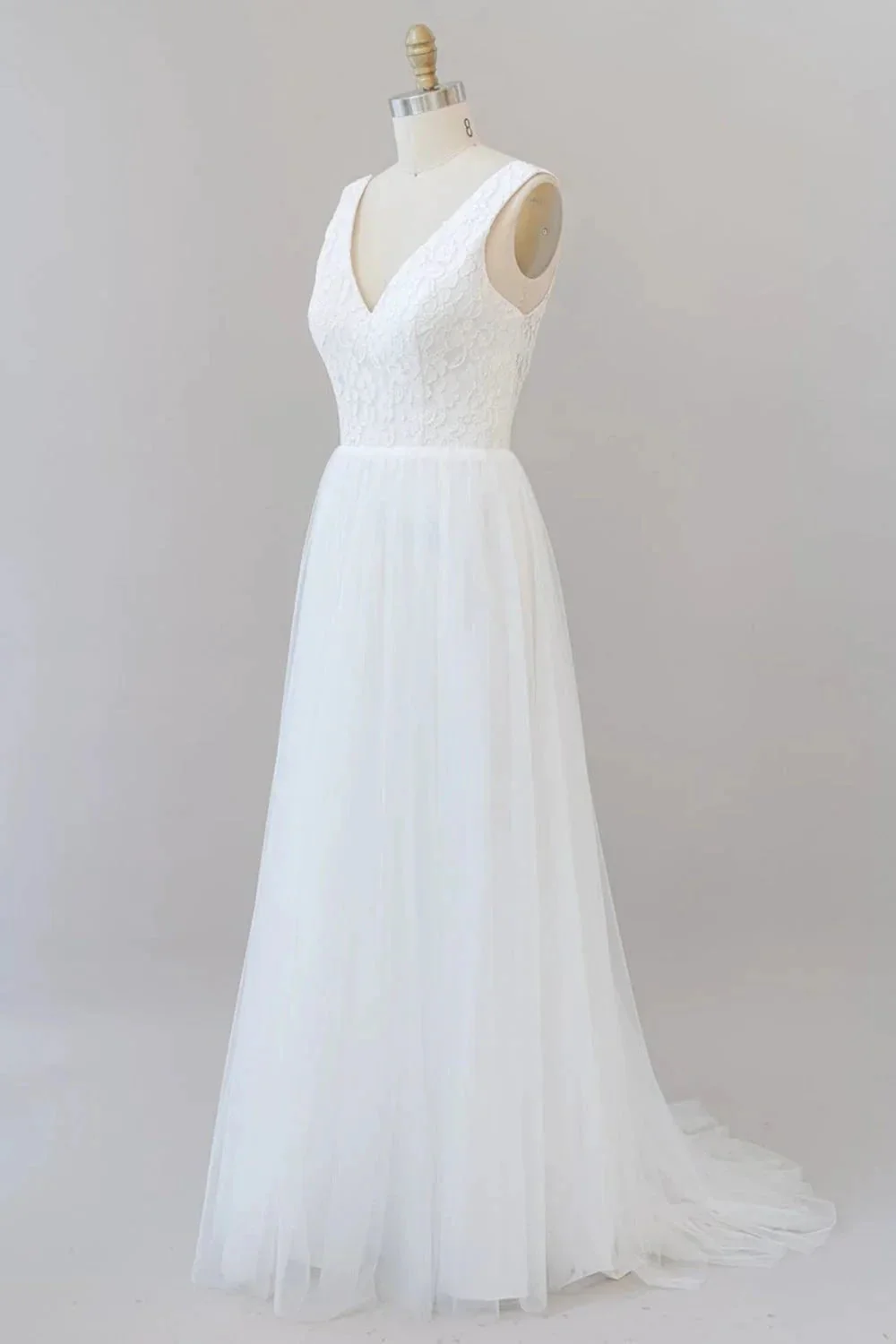 Long A-line Straps V-neck Chiffon Open Back Wedding Dress - Image 3