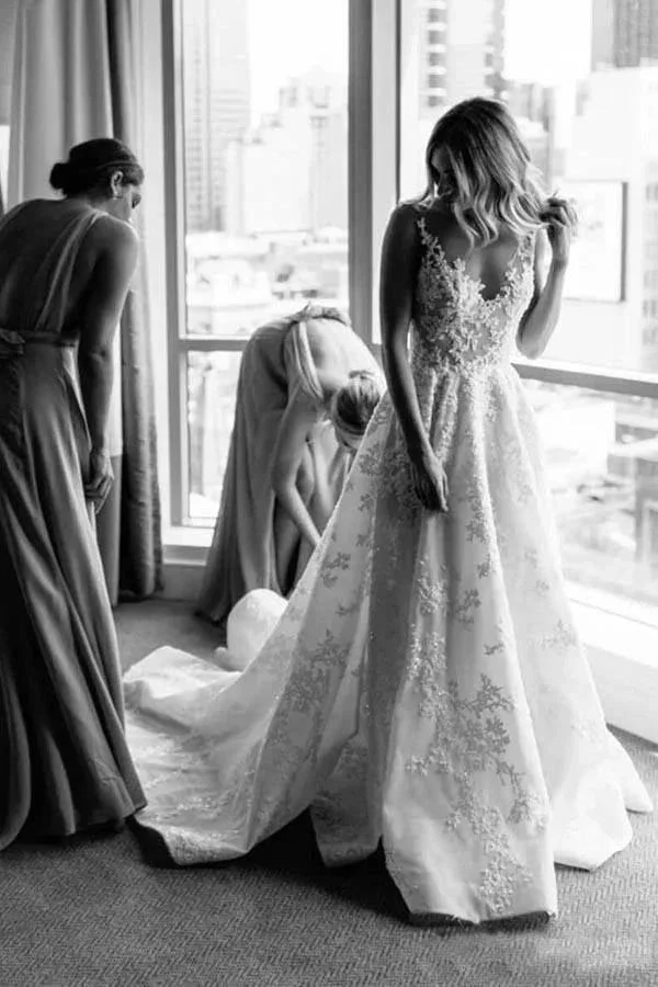 Long A-line Straps V-neck Floral Beads Tulle Backless Wedding Dress - Image 3