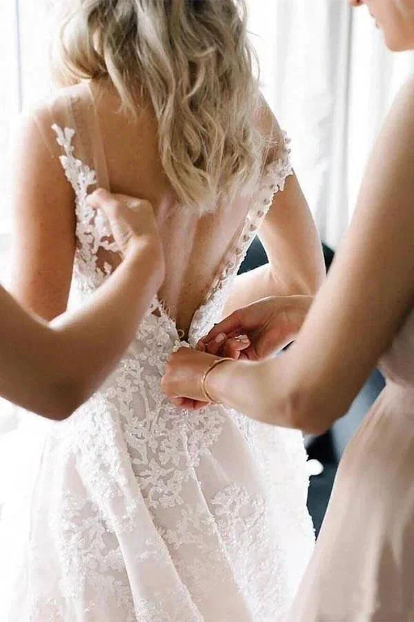 Long A-line Straps V-neck Floral Beads Tulle Backless Wedding Dress - Image 4