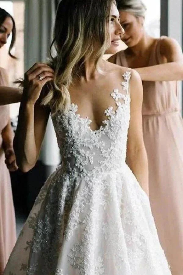 Long A-line Straps V-neck Floral Beads Tulle Backless Wedding Dress - Image 5