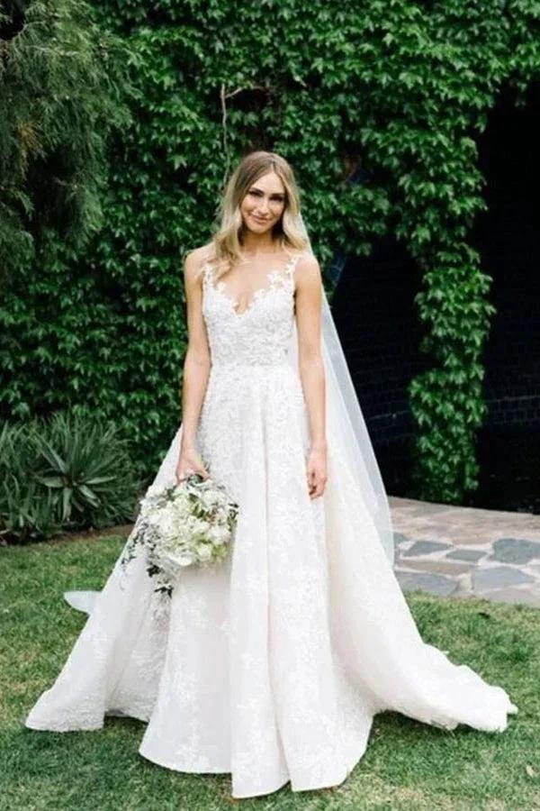 Long A-line Straps V-neck Floral Beads Tulle Backless Wedding Dress - Image 6