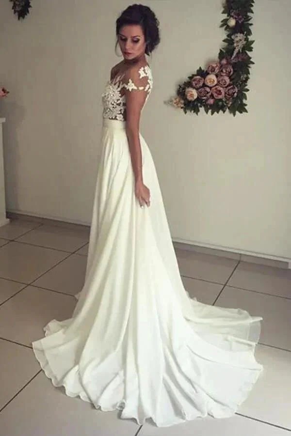 Long A-line Sweetheart Appliques Lace Chiffon Wedding Dress with Slit - Image 3