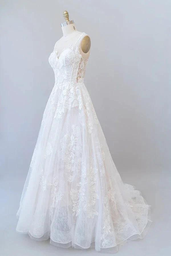 Long A-line Sweetheart Appliques Lace Tulle Wedding Dress - Image 4