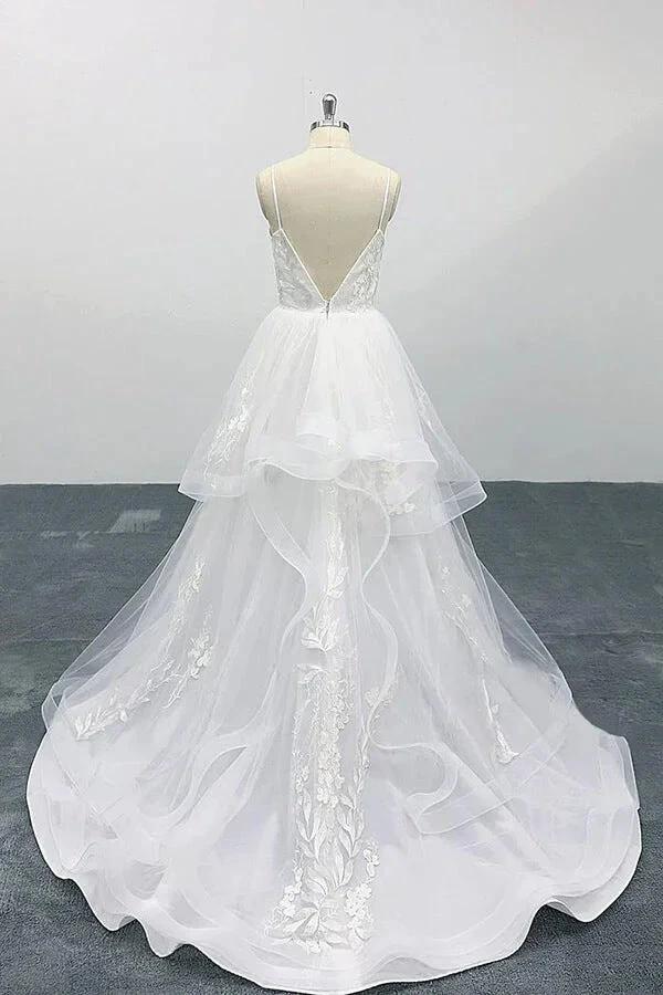 Long A-line Sweetheart Appliques Spaghetti Strap Tulle Wedding Dress - Image 2