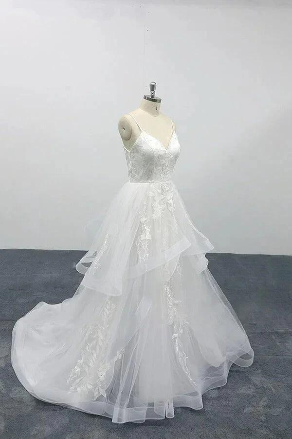 Long A-line Sweetheart Appliques Spaghetti Strap Tulle Wedding Dress - Image 3