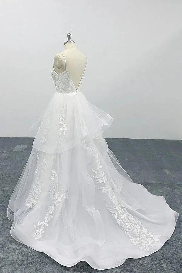 Long A-line Sweetheart Appliques Spaghetti Strap Tulle Wedding Dress - Image 4
