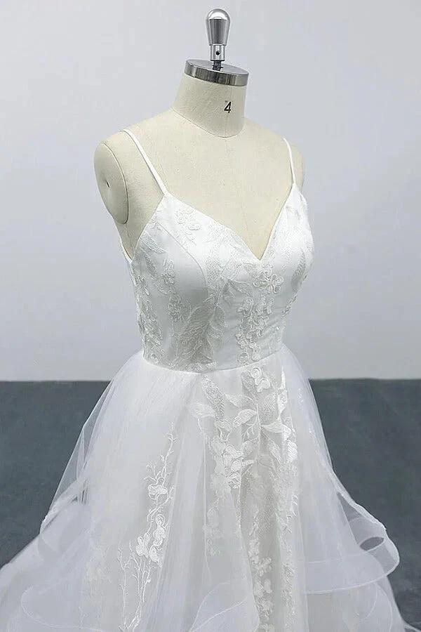 Long A-line Sweetheart Appliques Spaghetti Strap Tulle Wedding Dress - Image 5