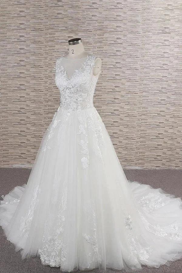 Long A-line Sweetheart Applqiues Lace Tulle Wedding Dress - Image 3