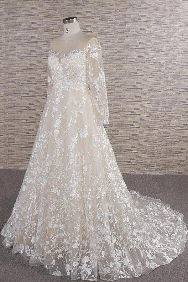 Long A-line Sweetheart Applqiues Tulle Wedding Dress with Sleeves - Image 3