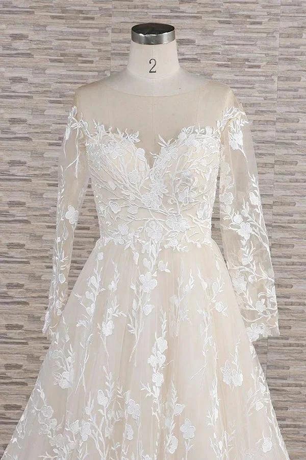 Long A-line Sweetheart Applqiues Tulle Wedding Dress with Sleeves - Image 4
