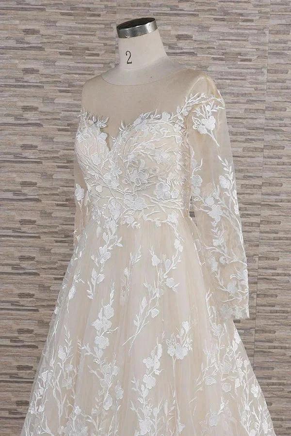 Long A-line Sweetheart Applqiues Tulle Wedding Dress with Sleeves - Image 5