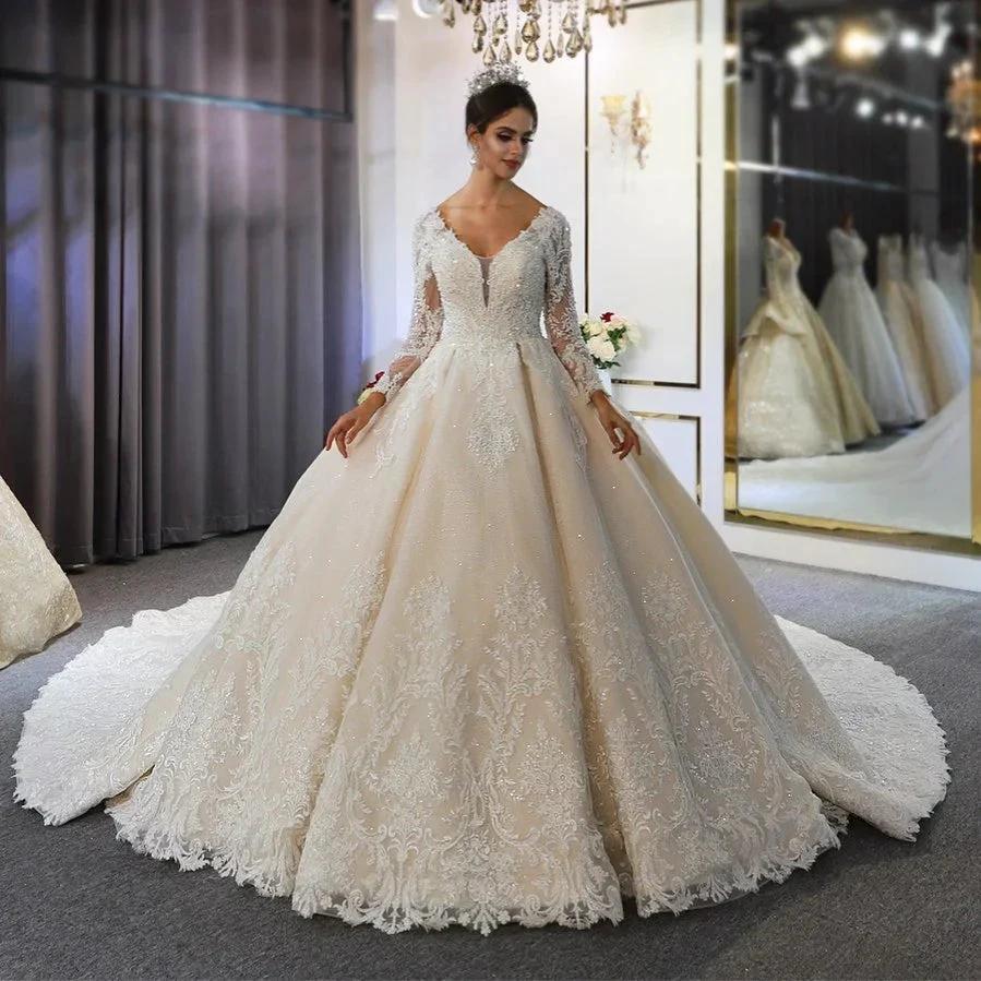 Long A-Line Sweetheart Backless Appliques Lace Sequins Wedding Dress with Sleeves - Image 2