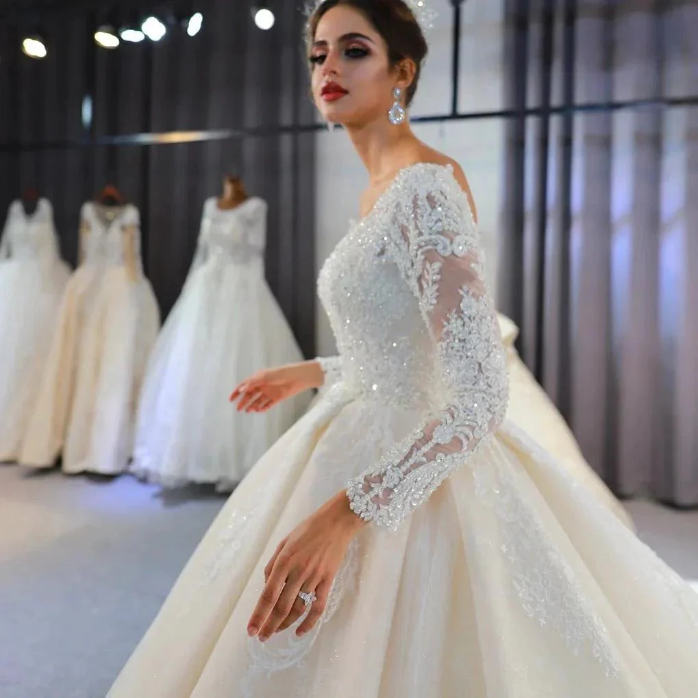 Long A-Line Sweetheart Backless Appliques Lace Sequins Wedding Dress with Sleeves - Image 3