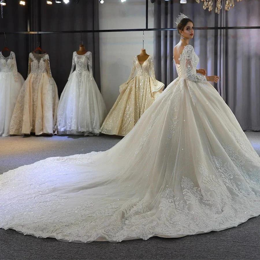 Long A-Line Sweetheart Backless Appliques Lace Sequins Wedding Dress with Sleeves - Image 4