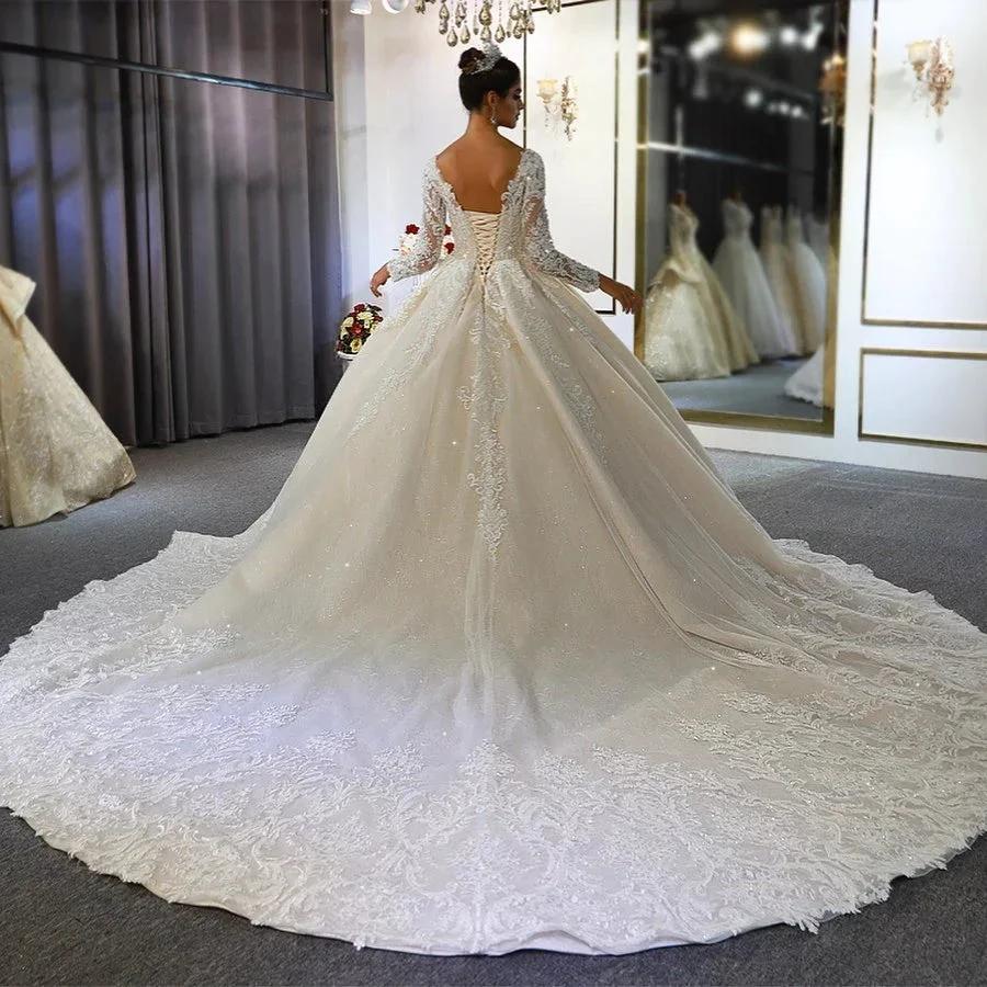Long A-Line Sweetheart Backless Appliques Lace Sequins Wedding Dress with Sleeves - Image 5