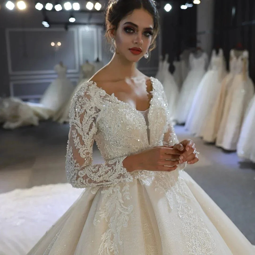 Long A-Line Sweetheart Backless Appliques Lace Sequins Wedding Dress with Sleeves - Image 6