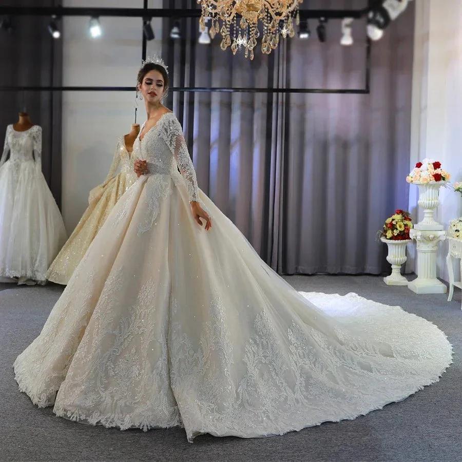 Long A-Line Sweetheart Backless Appliques Lace Sequins Wedding Dress with Sleeves - Image 7