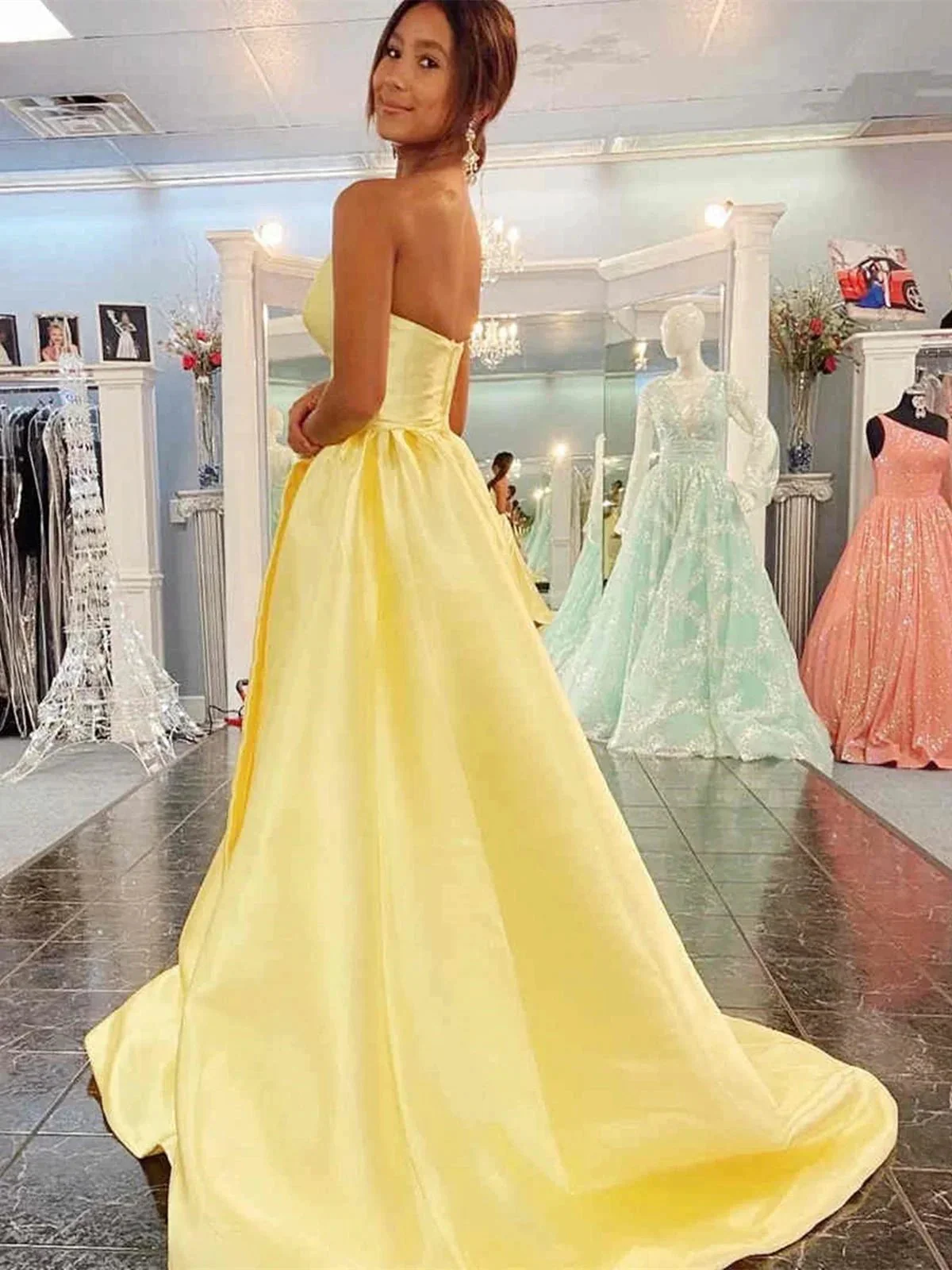 Long A-line Sweetheart Backless Satin Prom Dress Yellow Formal Graduation Evening Dresses - Image 2