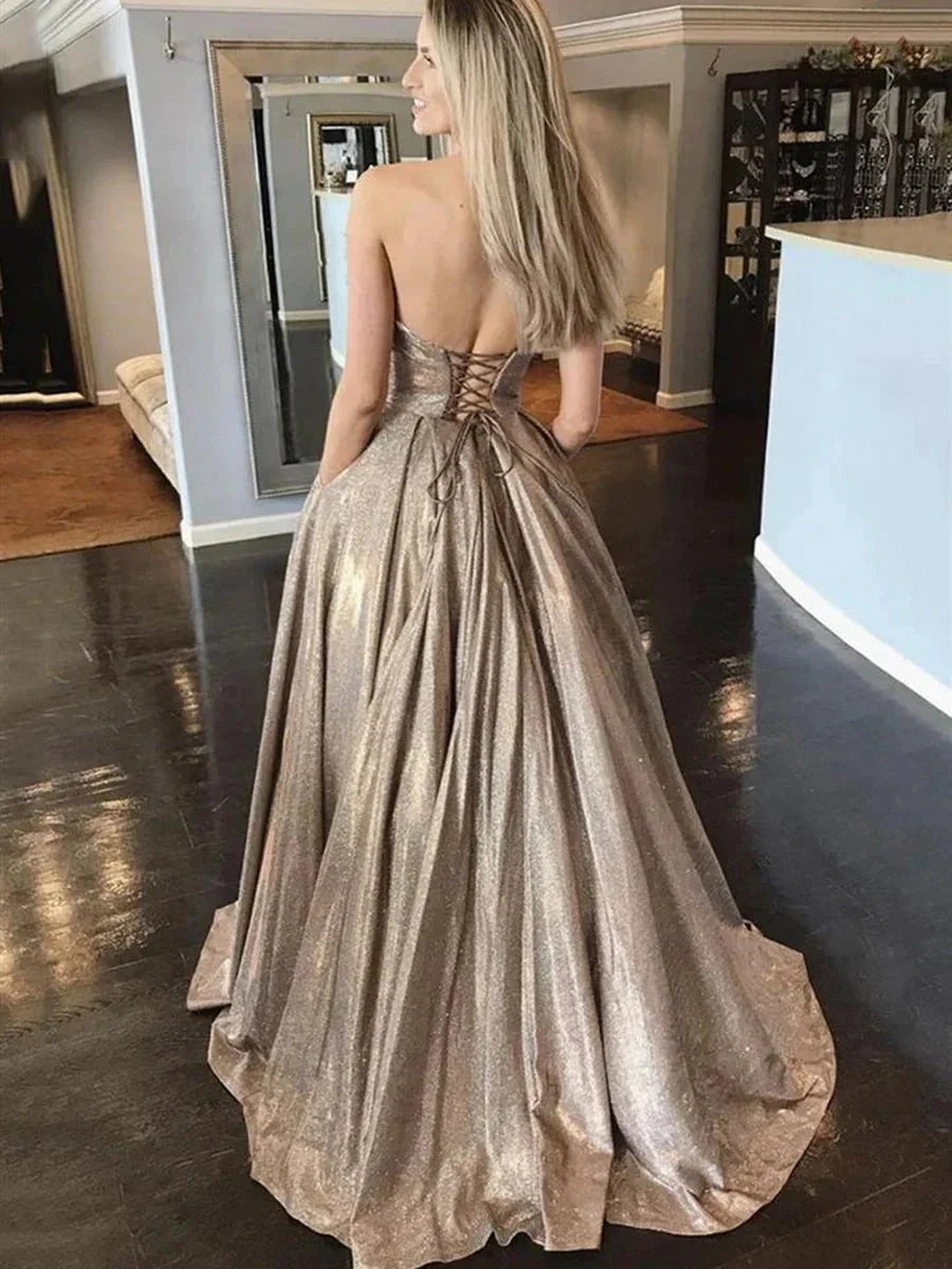 Long A-line Sweetheart Backless Sparkly Formal Prom Dresses with Pockets - Image 2