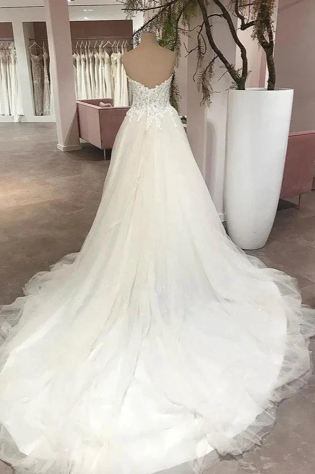 Long A-Line Sweetheart Backless Tulle Appliques Lace Wedding Dress - Image 2