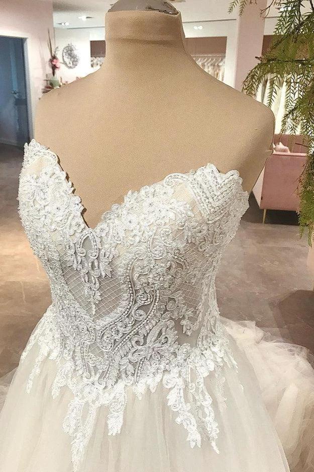 Long A-Line Sweetheart Backless Tulle Appliques Lace Wedding Dress - Image 3