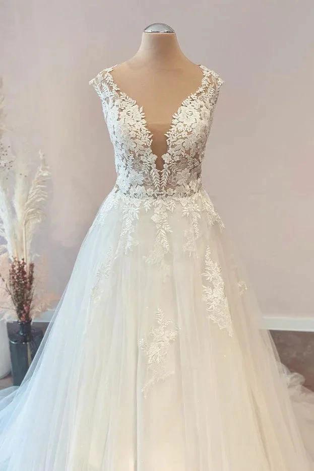 Long A-Line Sweetheart Floral Lace Tulle Wedding Dress - Image 2