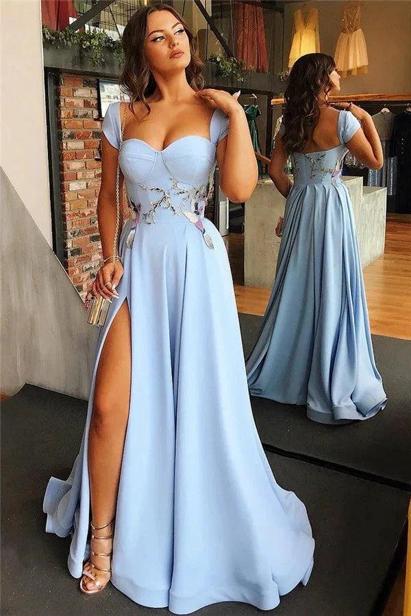 Long A-line Sweetheart Front Slit Prom Dresses with Cap Sleeves - Image 2