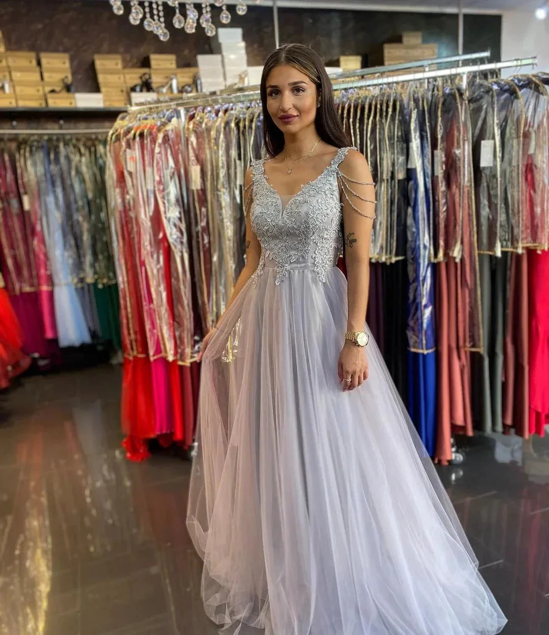 Long A-line Sweetheart Lace Beading Tulle Backless Prom Dress - Image 2