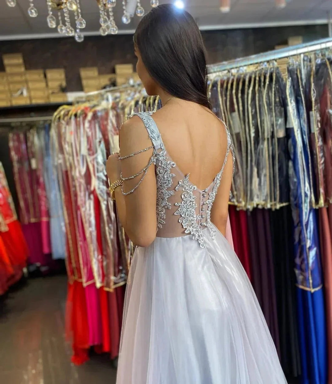 Long A-line Sweetheart Lace Beading Tulle Backless Prom Dress - Image 3