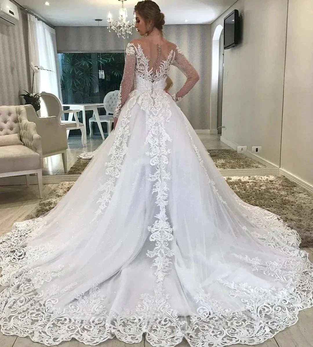 Long A-Line Sweetheart Off-the-Shoulder Appliques Lace Sequins Wedding Dress with Sleeves - Image 2