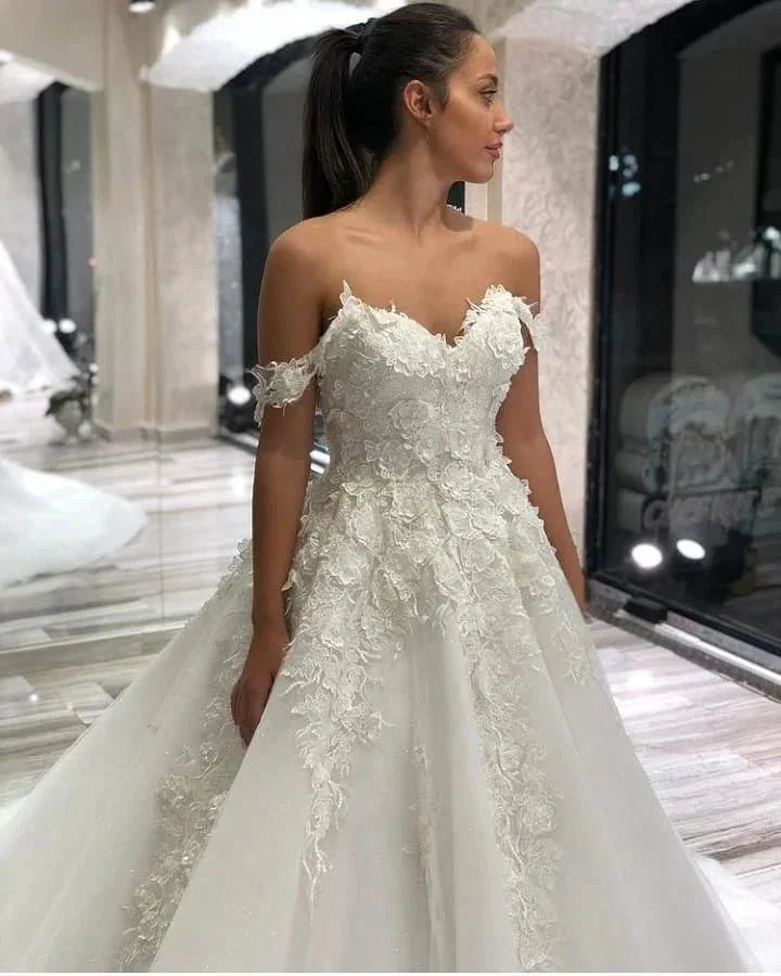 Long A-Line Sweetheart Off-the-Shoulder Appliques Lace Tulle Wedding Dress - Image 2