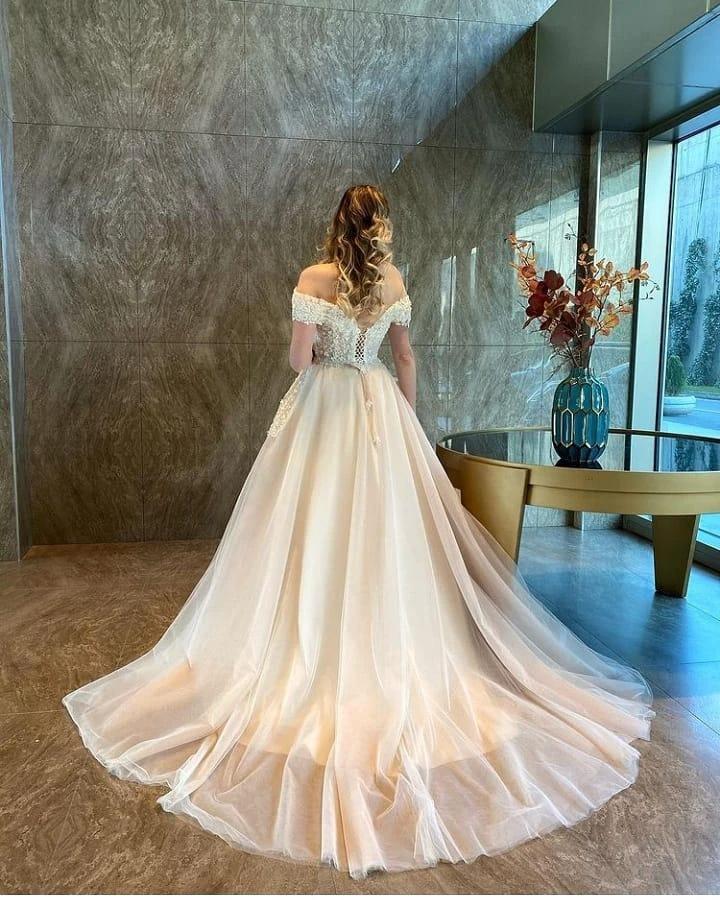 Long A-Line Sweetheart Off-the-Shoulder Backless Tulle Appliques Lace Wedding Dress - Image 2