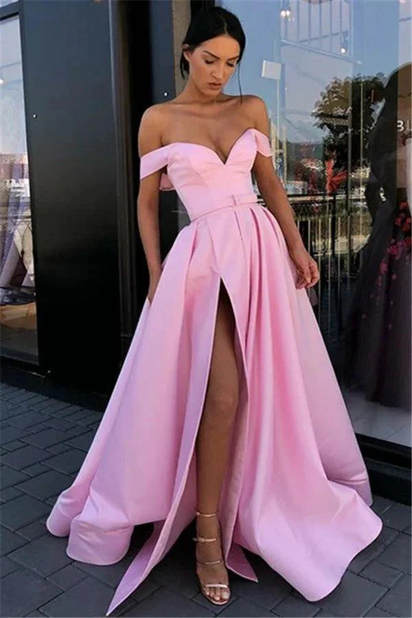 Long A-line Sweetheart Off-the-shoulder Pink Prom Dress With Slit - Image 2