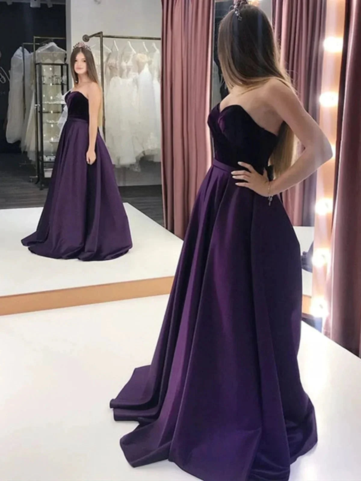 Long A-line Sweetheart Satin Backless Prom Dress Velvet Formal Graduation Evening Gowns with Pockets - Image 2