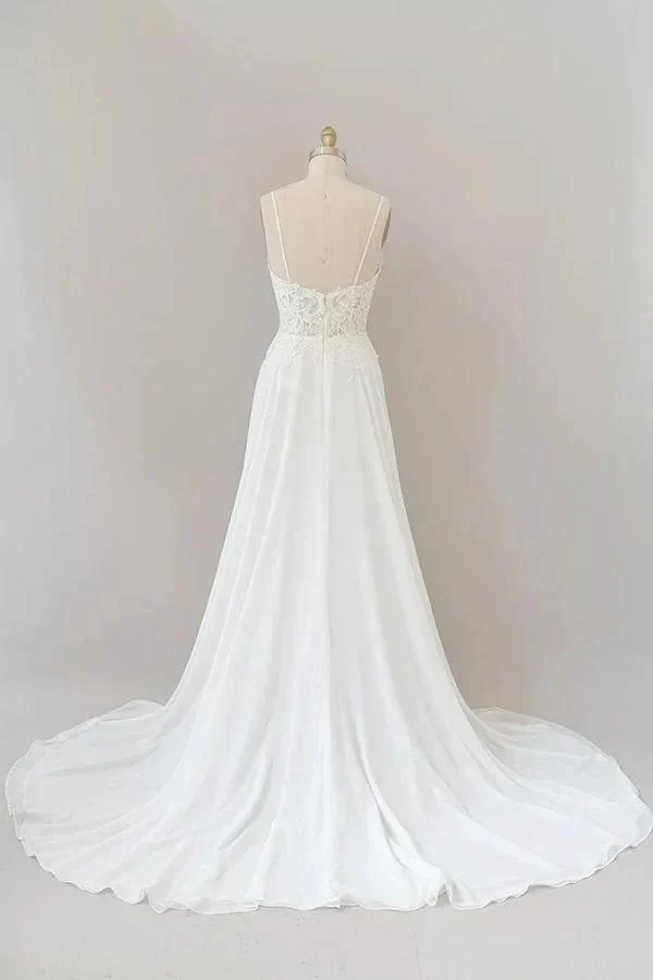 Long A-line Sweetheart Spaghetti Strap Appliques Chiffon Wedding Dress - Image 2
