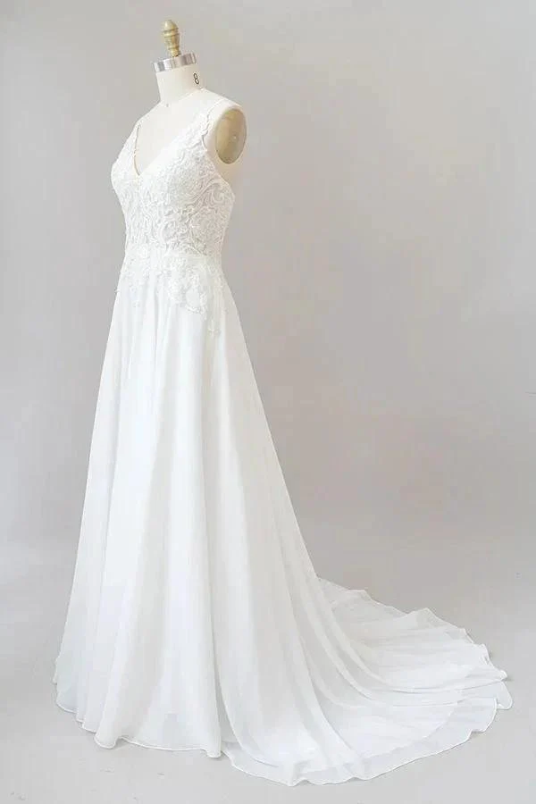 Long A-line Sweetheart Spaghetti Strap Appliques Chiffon Wedding Dress - Image 3