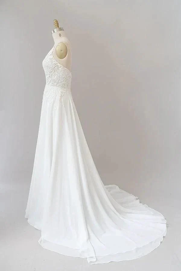 Long A-line Sweetheart Spaghetti Strap Appliques Chiffon Wedding Dress - Image 4