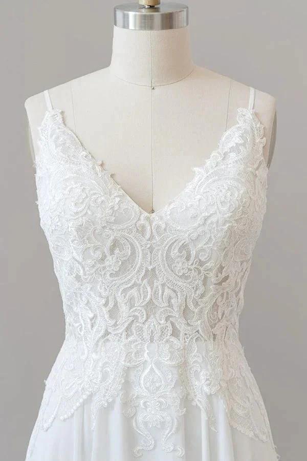 Long A-line Sweetheart Spaghetti Strap Appliques Chiffon Wedding Dress - Image 5