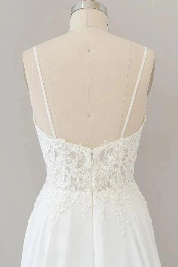 Long A-line Sweetheart Spaghetti Strap Appliques Chiffon Wedding Dress - Image 7