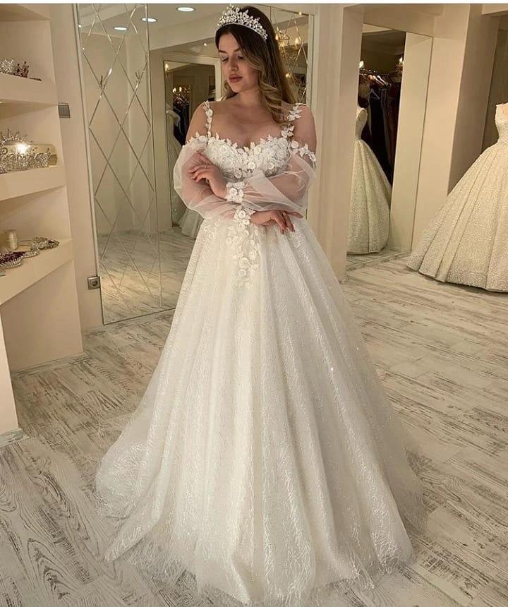 Long A-line Sweetheart Spaghetti Straps Gliiter Wedding Dress with Sleeves - Image 2