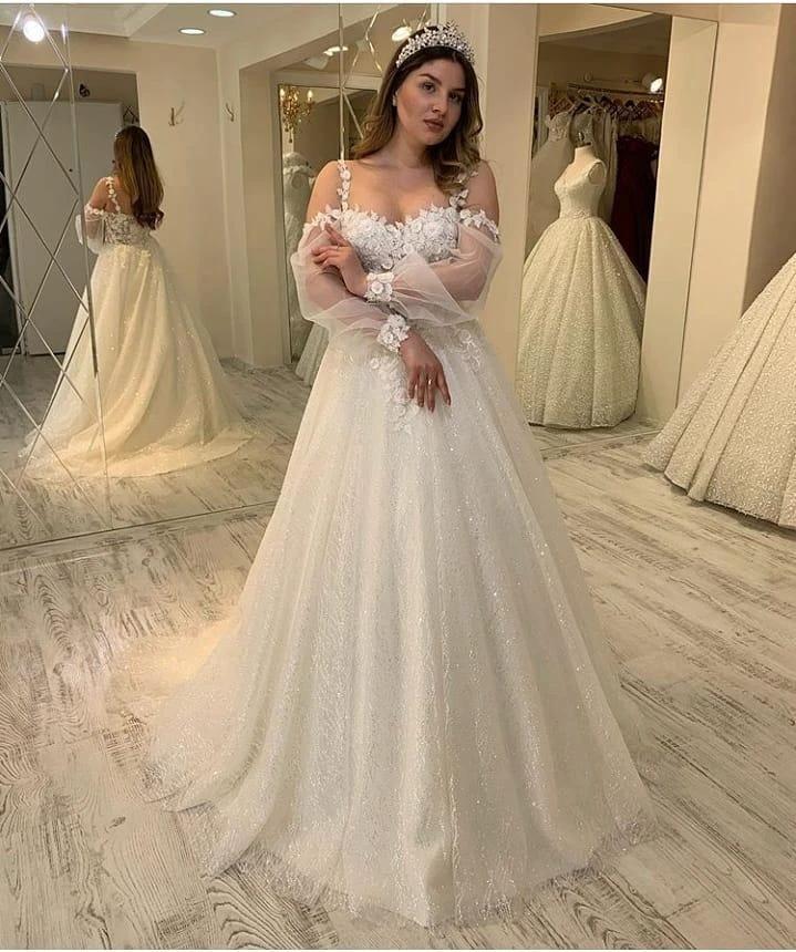Long A-line Sweetheart Spaghetti Straps Gliiter Wedding Dress with Sleeves - Image 3