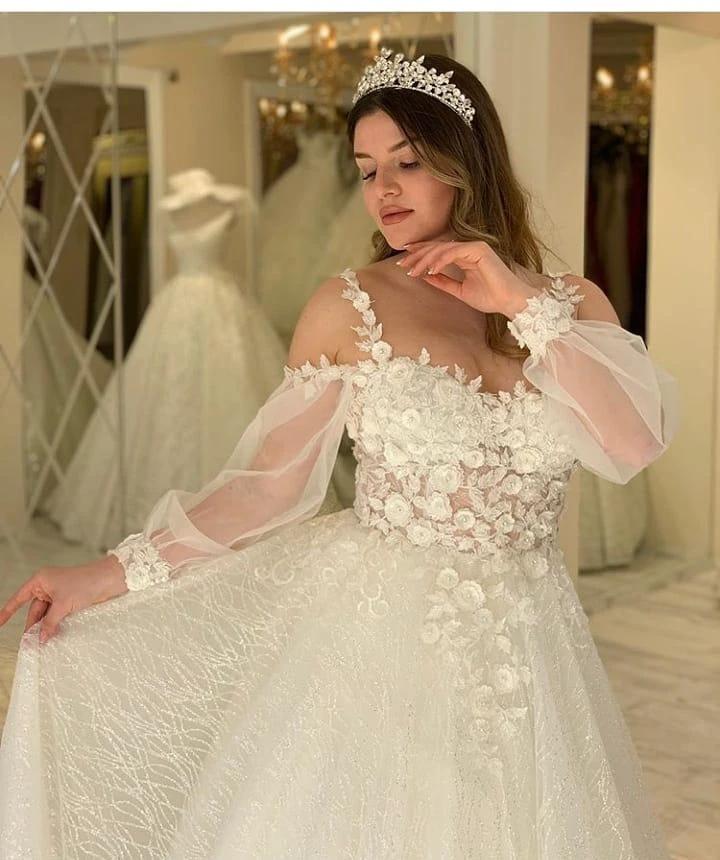 Long A-line Sweetheart Spaghetti Straps Gliiter Wedding Dress with Sleeves - Image 4