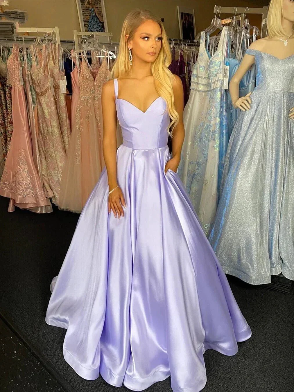 Long A-line Sweetheart Spaghetti Straps Satin Formal Prom Dresses with Pockets - Image 2