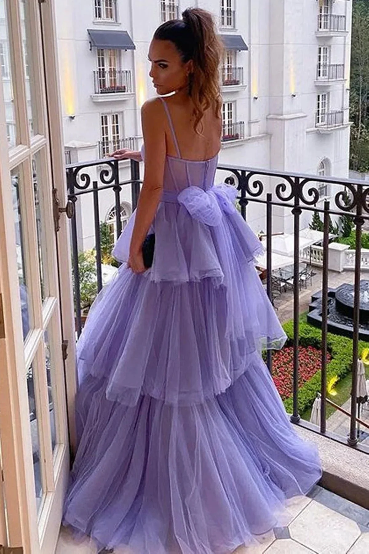 Long A-line Sweetheart Spaghetti Straps Tulle Layered Open Back Formal Prom Dress - Image 2
